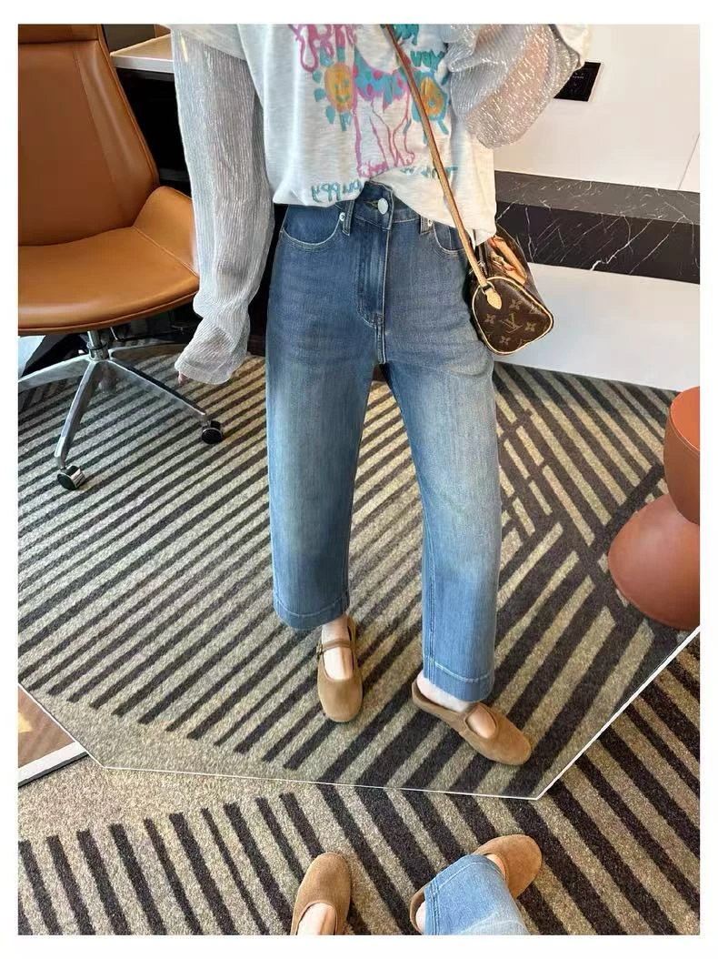 高腰直筒九分弹力牛仔裤女2025秋季新款大码胖mm百搭显瘦阔腿裤子