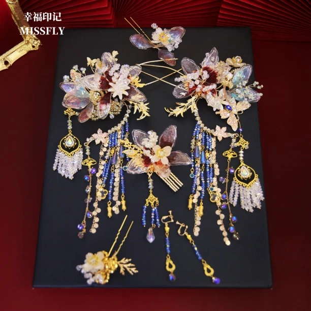 水凝滴胶花朵新中式新娘头饰金红蓝色秀禾旗袍汉服马面裙发饰高级