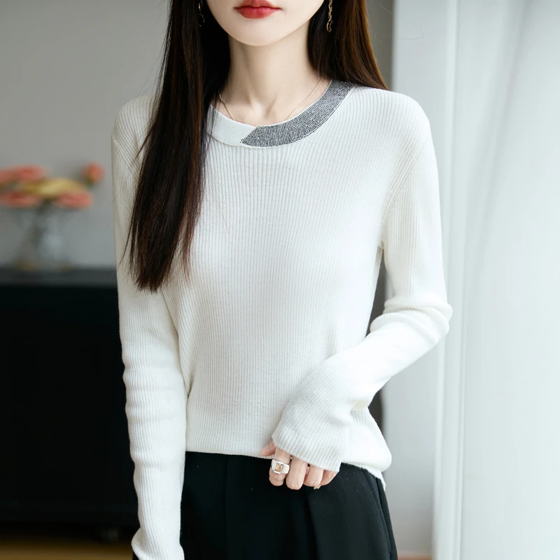 品牌时尚女装秋冬圆领烫钻精纺针织衫长袖修身内搭纯色上衣打底衫