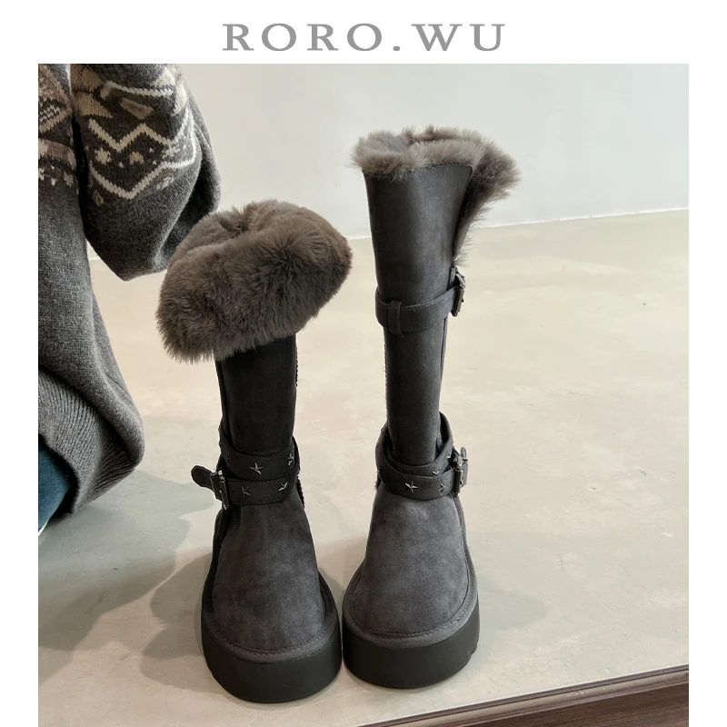 娆娆吴·韩系百搭加厚绒金属扣长筒棉靴冬季新款厚底雪地靴女F16