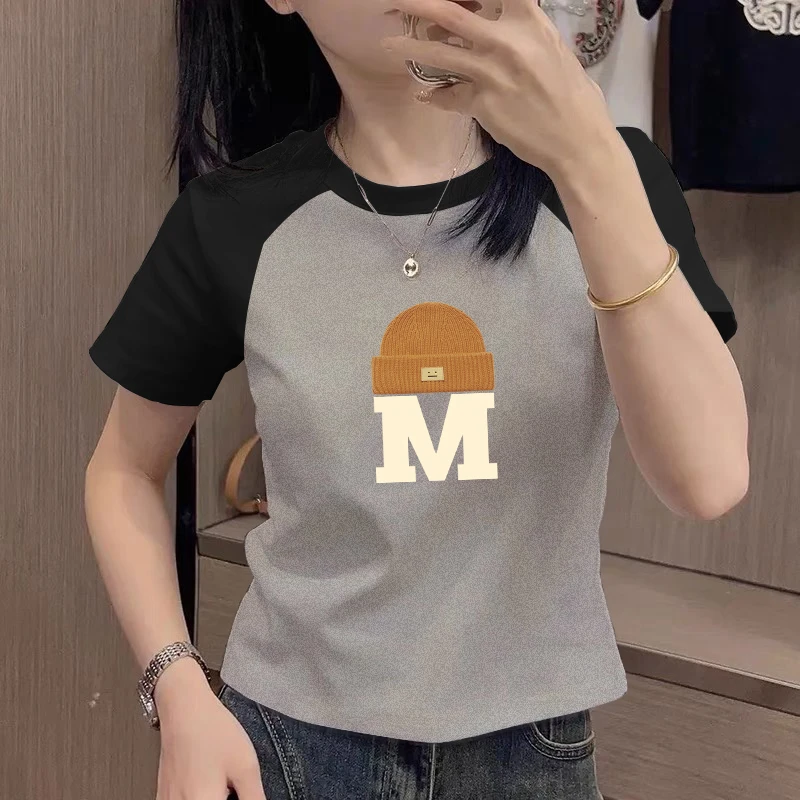 撞色插肩短袖t恤女装夏季修身显瘦百搭体恤衫洋气印花正肩上衣服