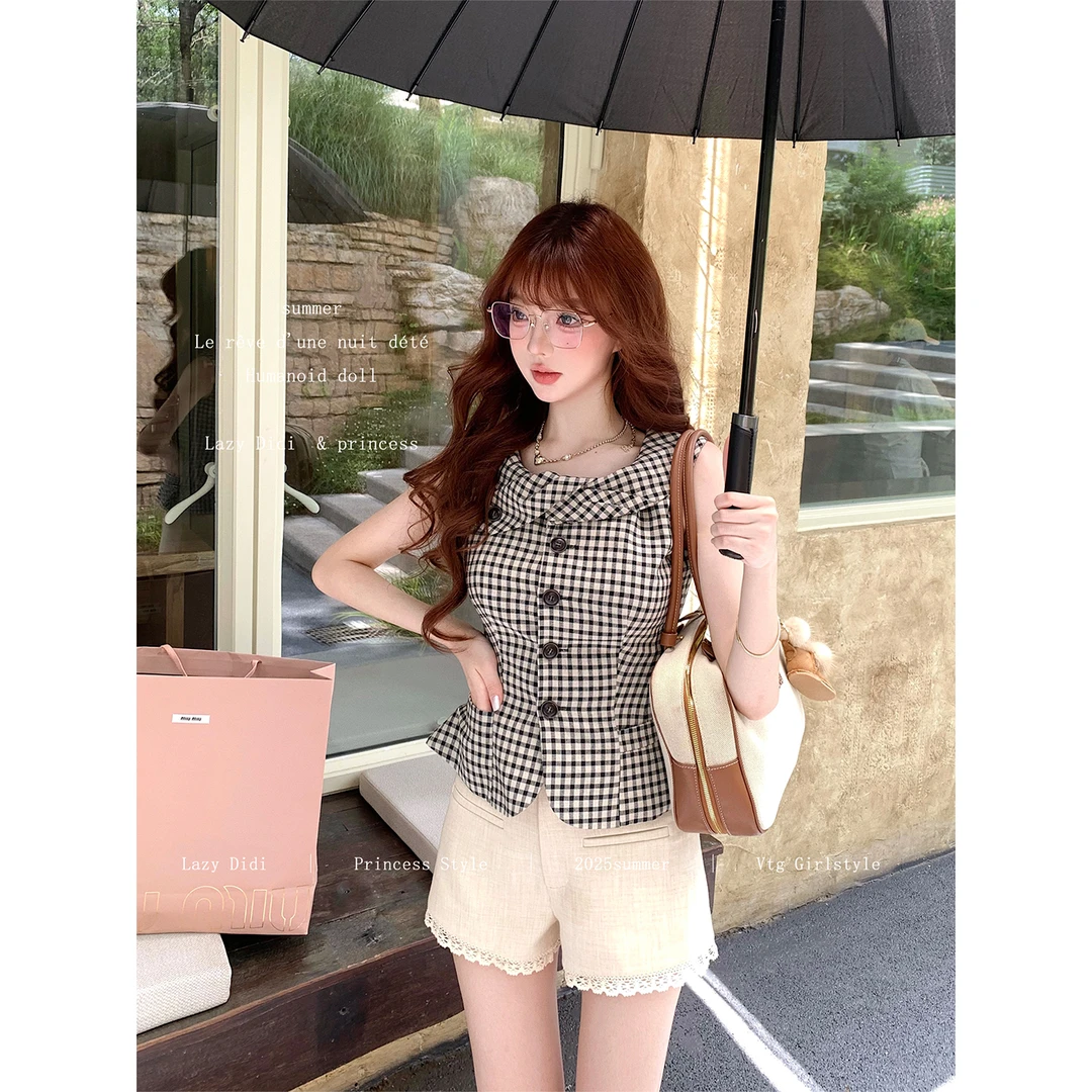 Lazy Didi复古格律 折角腰双色格纹上衣扭结设计收腰显瘦背心短袖