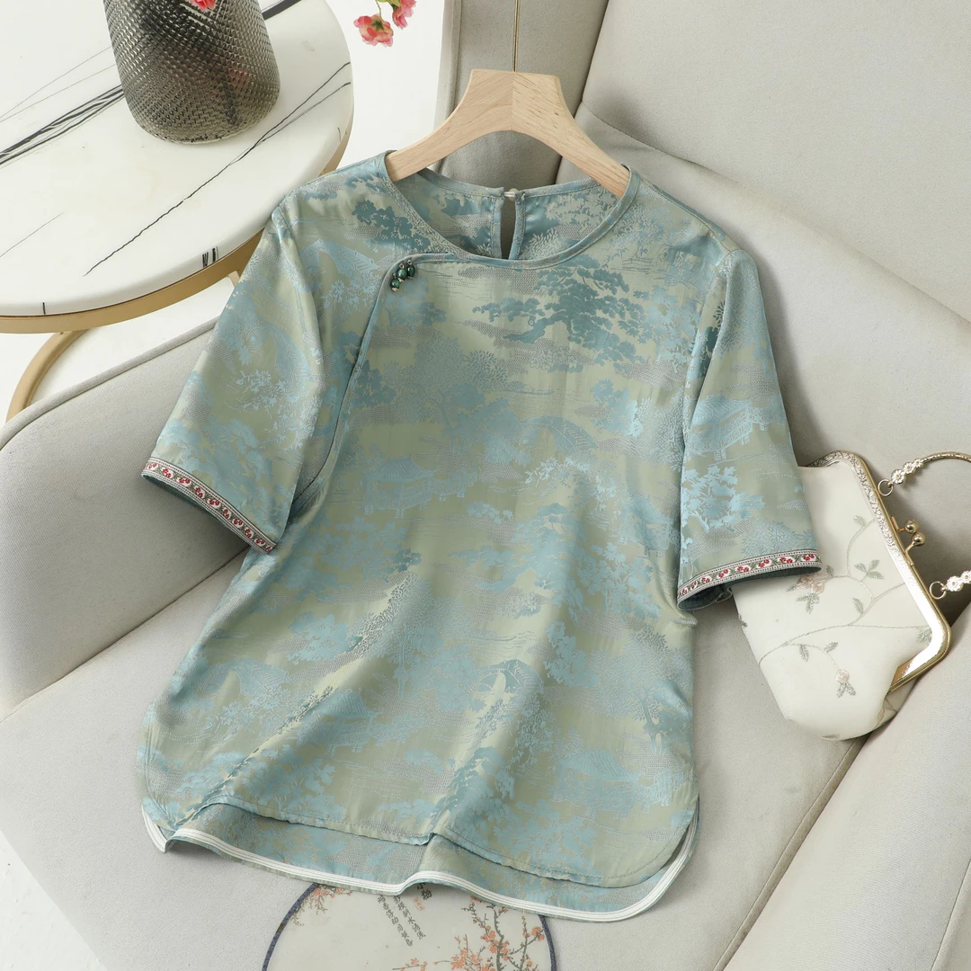 夏季复古提花斜襟圆领新中式短袖轻奢小众优雅气质衬衫女130-2