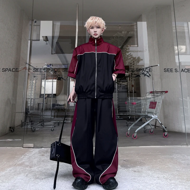 夏装美式薄款撞色立领短袖夹克套装男一套搭配痞帅阔腿长裤两件套