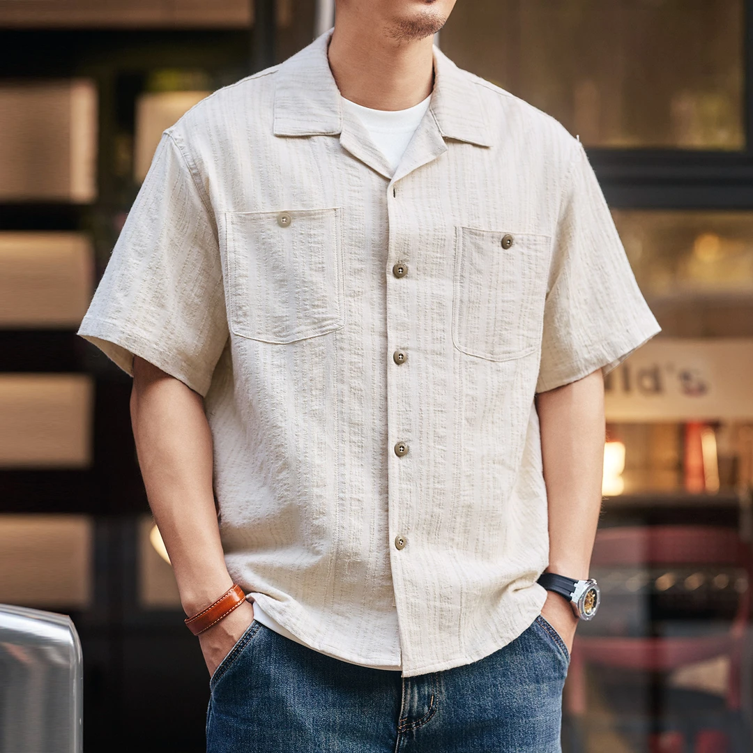 格蓝鹿美式复古肌理提花条纹亚麻短袖衬衫男夏季薄款棉麻半袖衬衣