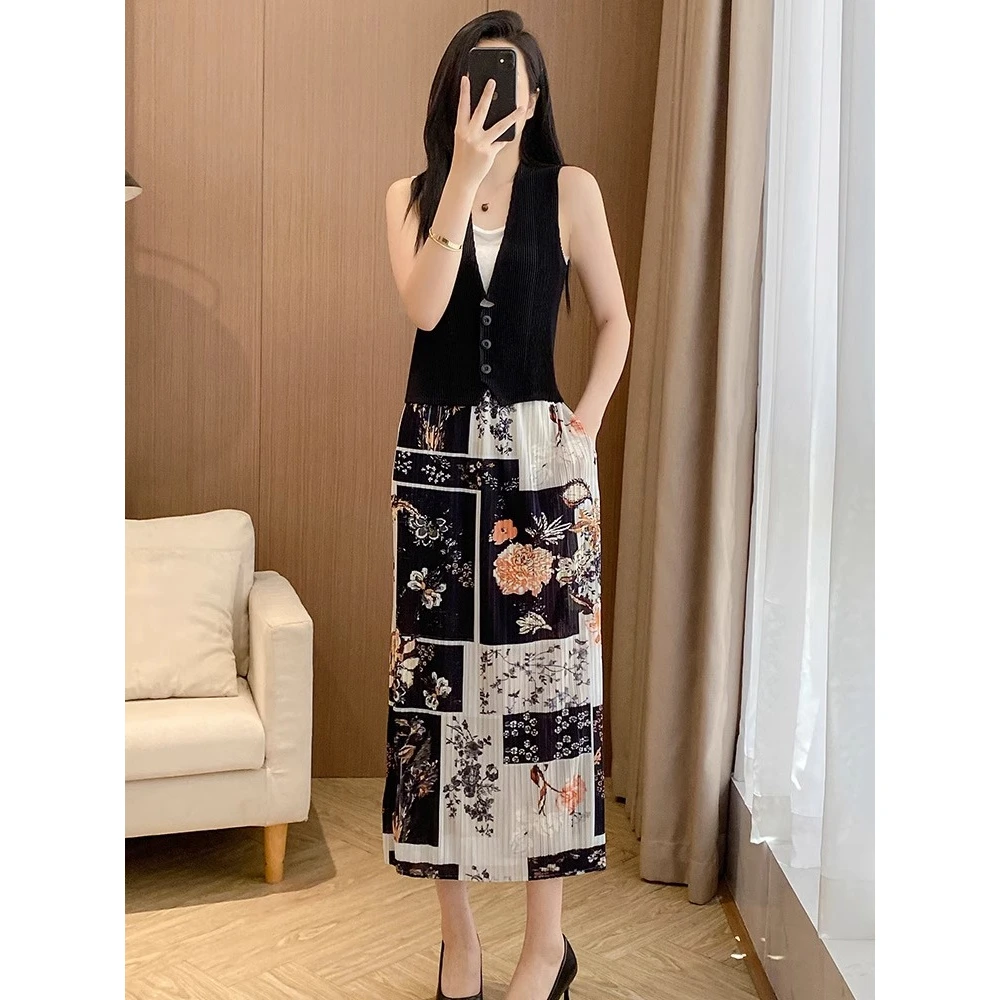 三宅高品质褶皱半身裙夏季长裙2025新款印花直筒半裙百搭气质裙子