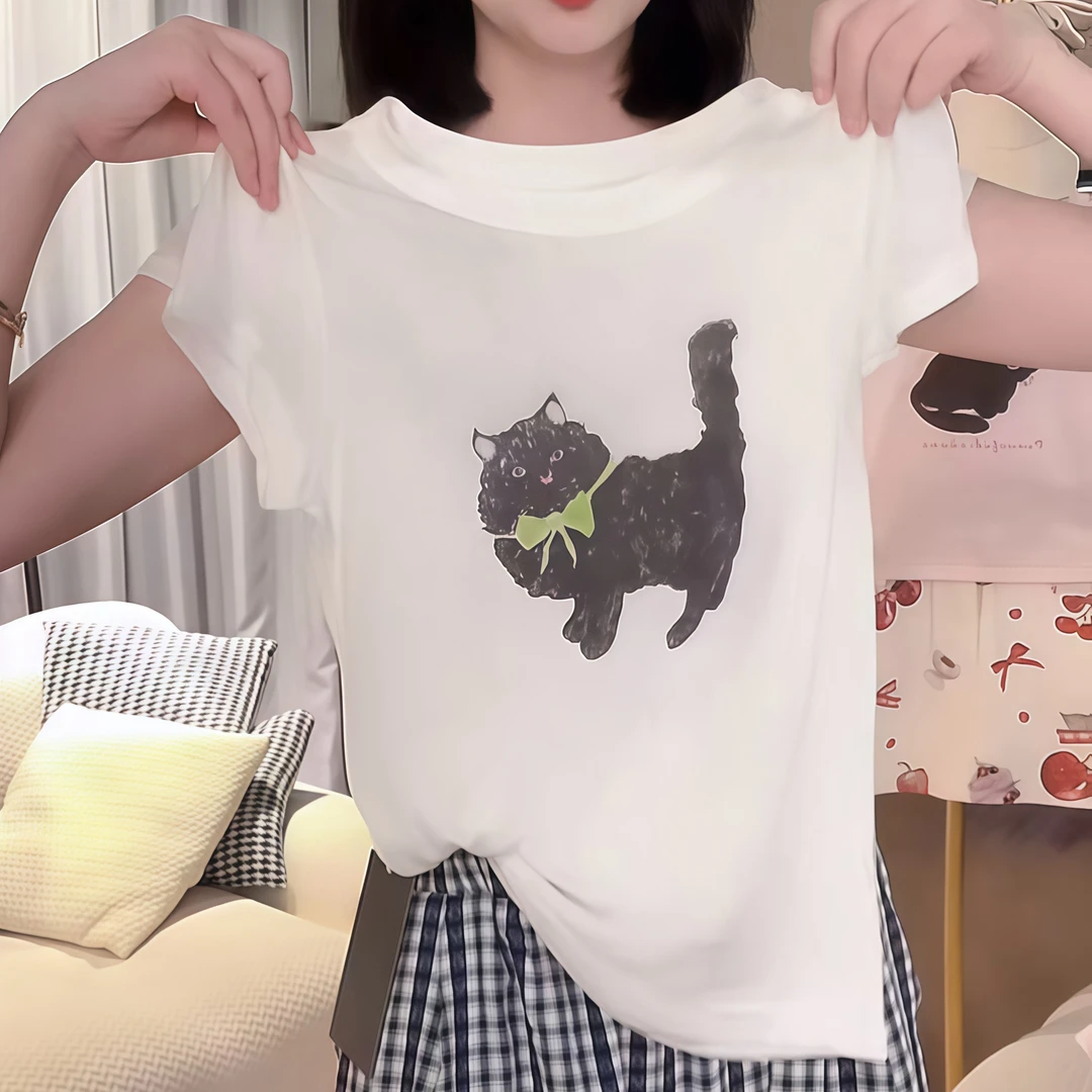 【绿领带小猫】圆领短袖T恤设计感显瘦休闲百搭上衣2025夏季