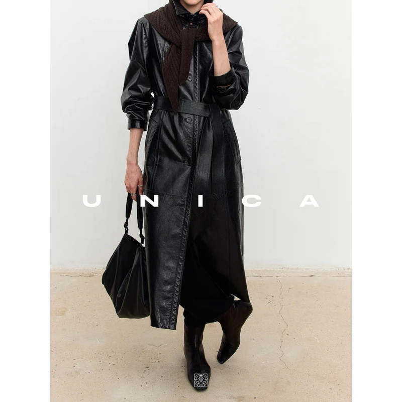 UNICA/紫标欧洲进口水洗油蜡⽺⽪利落分割线_腰带开衩风衣外套