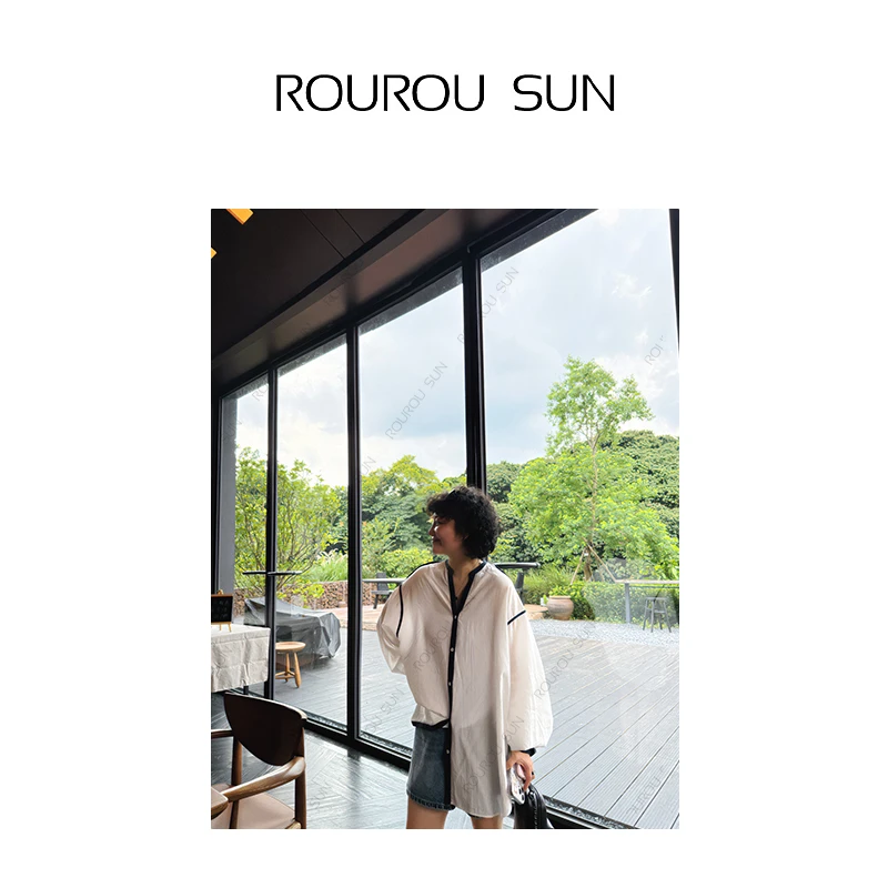 26287法式简约百搭小众设计感上衣V领撞色衬衫潮流