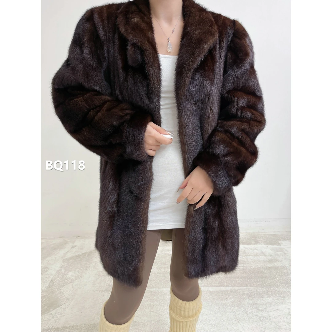 【BQ118】L码 中古棕中长款全抽貂皮大衣皮草 青果领泡泡袖