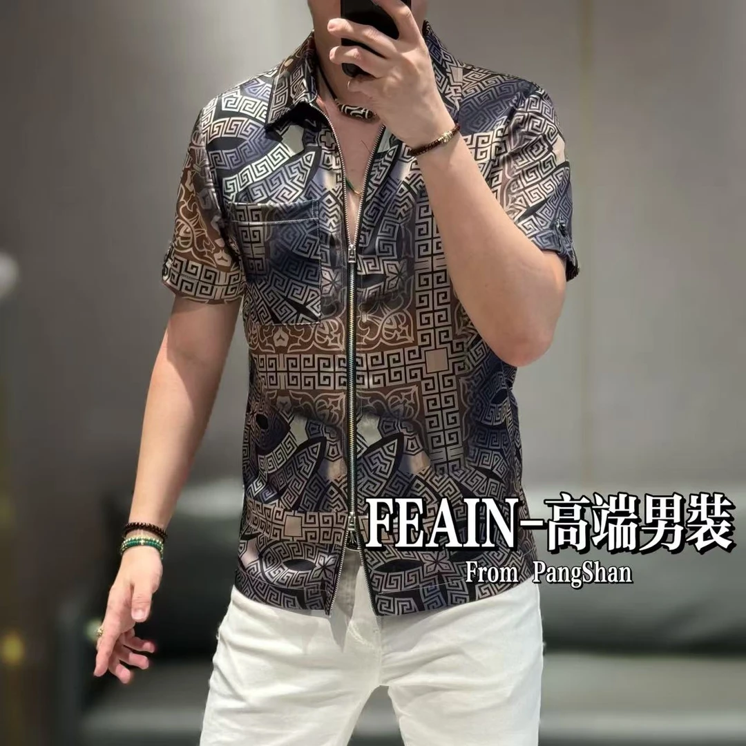 高端定制进口丝柔贡缎巴洛克风格印花上下开拉链短袖夹克709