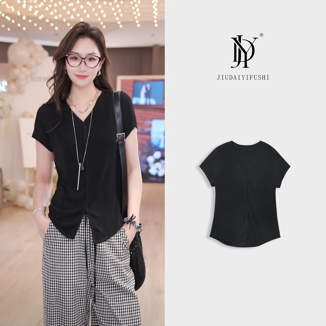 玖黛衣【九姐私服】春夏新款时尚百搭不规则设计V领上衣 TXJ40292