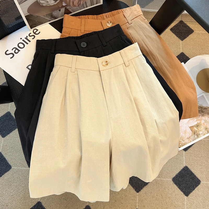 日系亚麻短裤女2025夏季新款大码梨形身材显瘦宽松高腰休闲五分裤