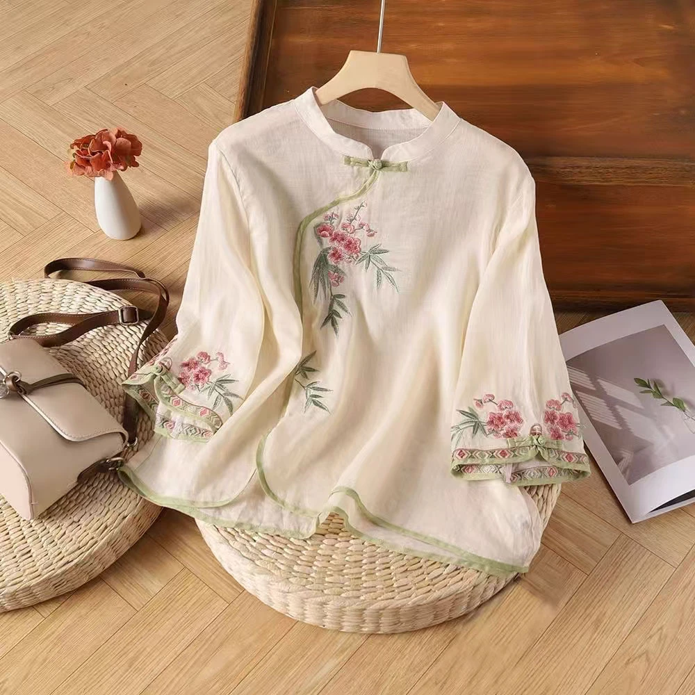 【 现货+运费险】新中式盘扣重工刺绣棉麻五分袖百搭复古套头衫350