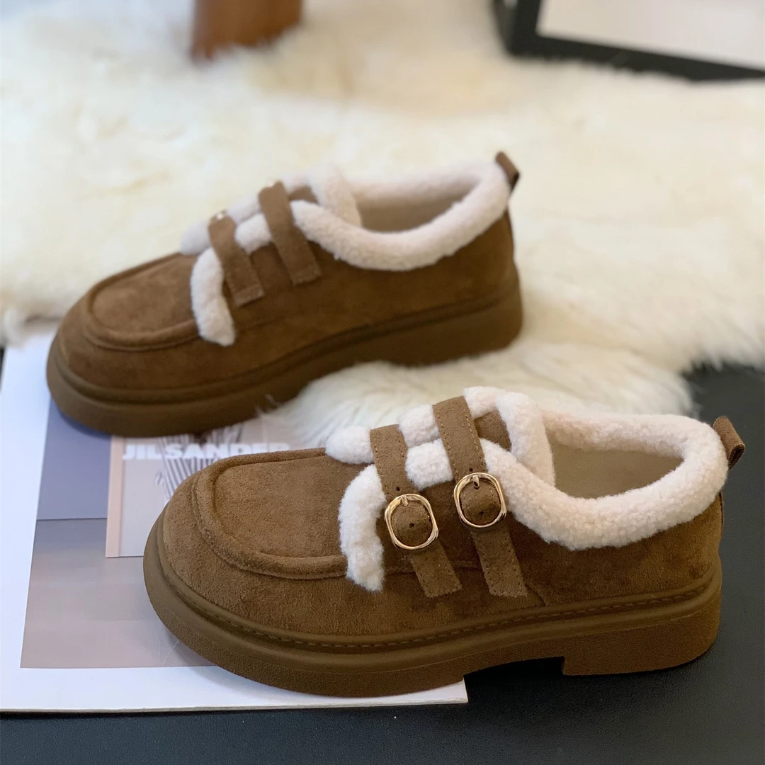 新款复古磨砂加绒粗跟双排卡扣勃肯鞋2025冬季保暖舒适百搭棉鞋女