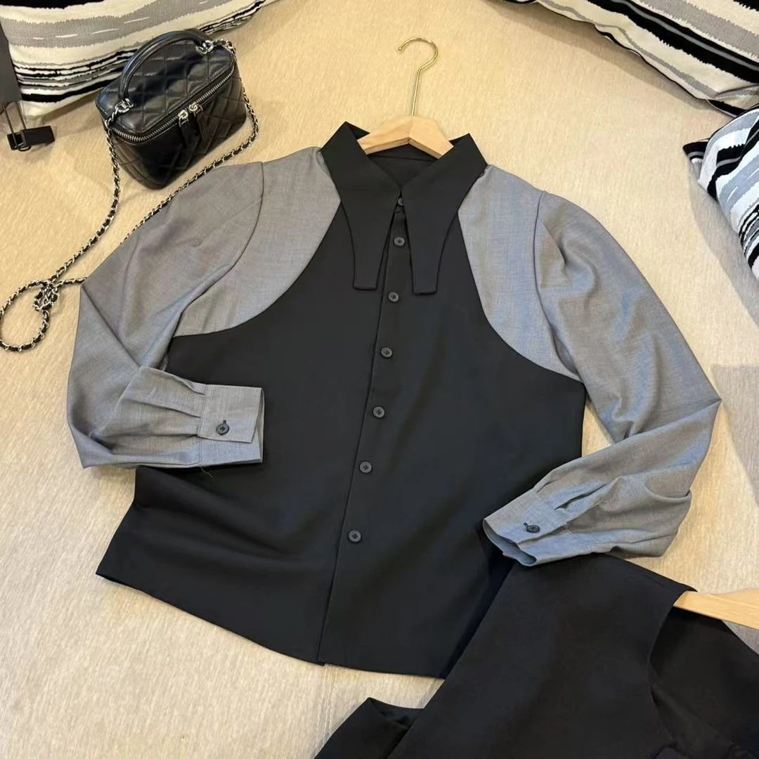 米可/MK-1689LJ【黑拼灰衬衫】时尚休闲气质减龄春季新款衬衫