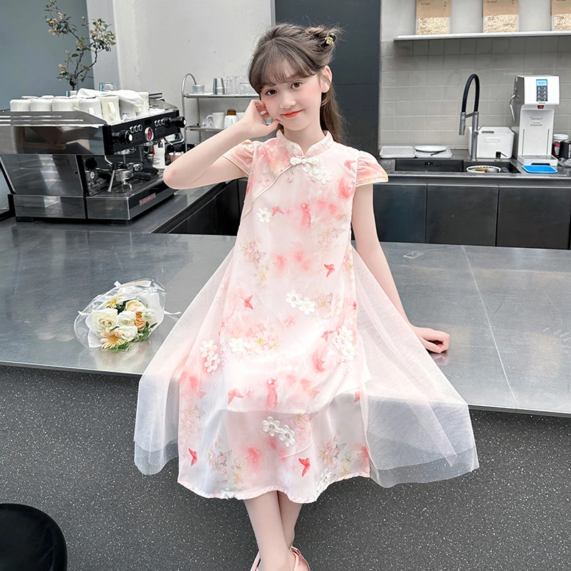 夏季新款女童古风洋气拼接连衣裙旗袍风格女孩