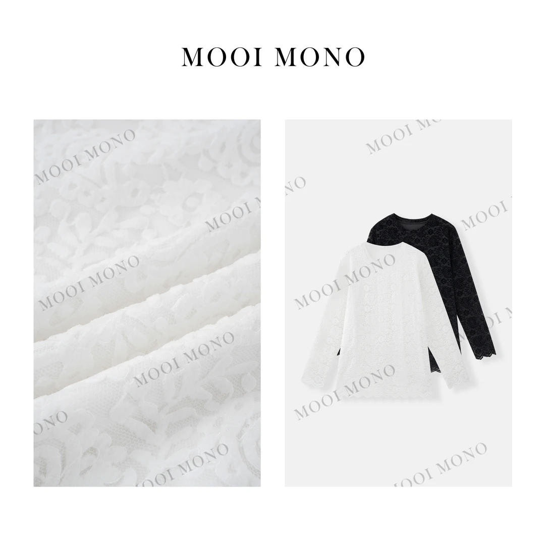 MOOI MONO"如意曲"显瘦休闲百搭遮肉蕾丝圆领时尚打底衫 T066D51