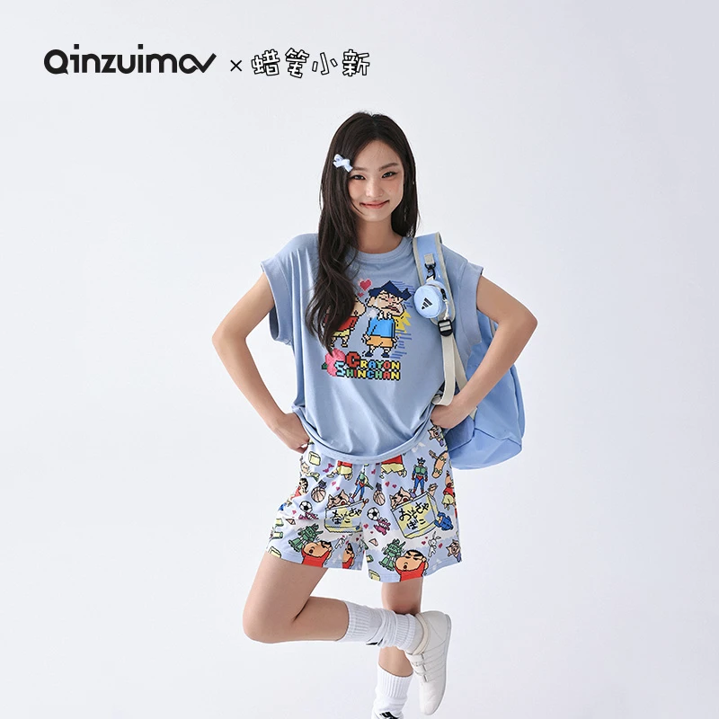 亲嘴猫【蜡笔小新】圆领卡通短袖睡衣套装女士春夏季莫代尔棉家居服