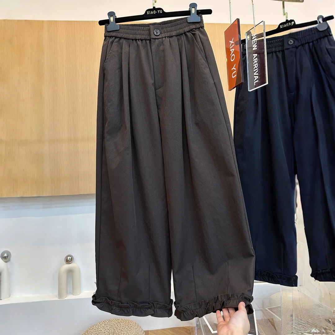 高端欧货早秋新款高级感洋气时尚木耳边高腰显瘦宽松直筒阔腿裤女