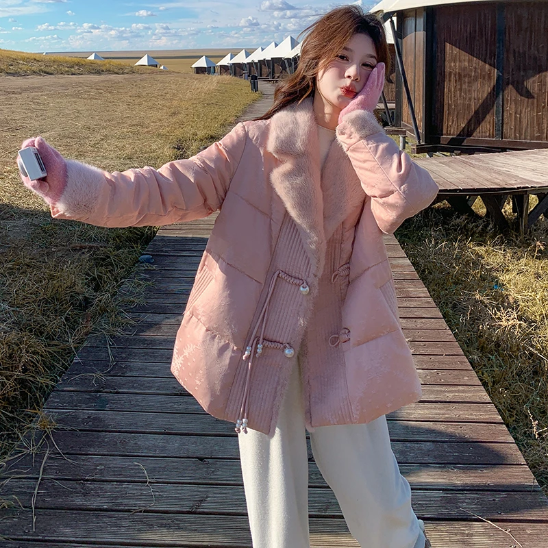 新中式盘扣粉色仿水貂绒羽绒服女冬超火好看高级小众加厚保暖外套