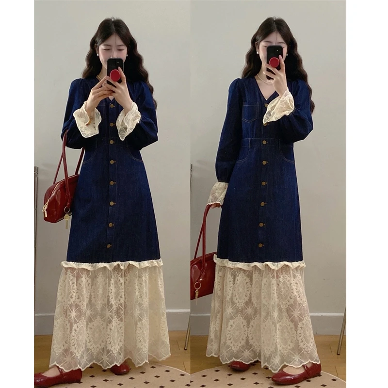 大码春季新款法式复古牛仔气质收腰长袖蕾丝拼接泡泡袖连衣裙长裙