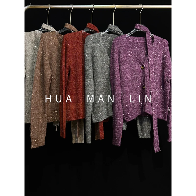 【花满林】五色V领亮片羊毛上衣【配系带】88108