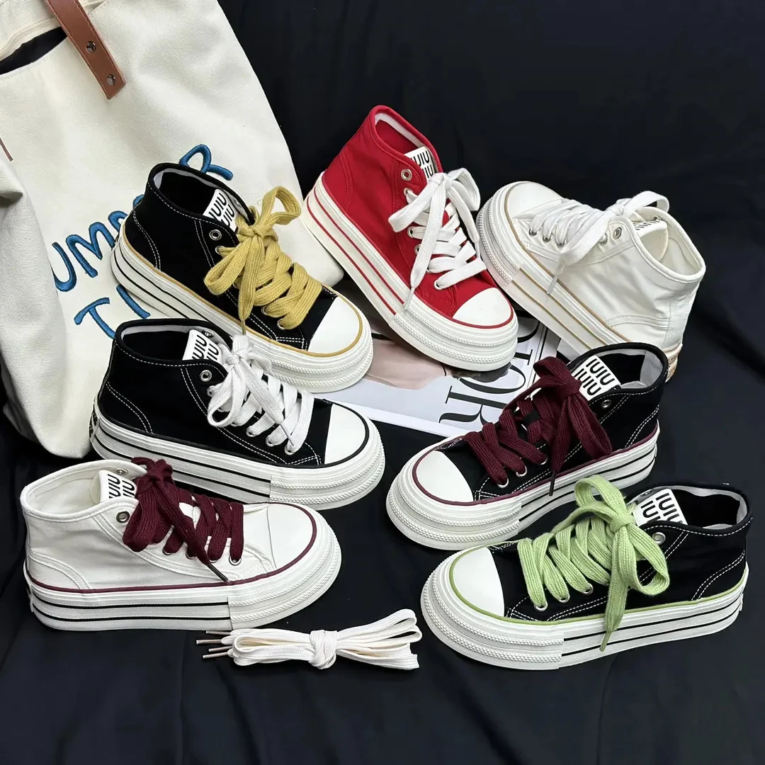 【YO】2025新款高帮时尚百搭休闲鞋夏季爆款学生厚底鞋韩版帆布鞋