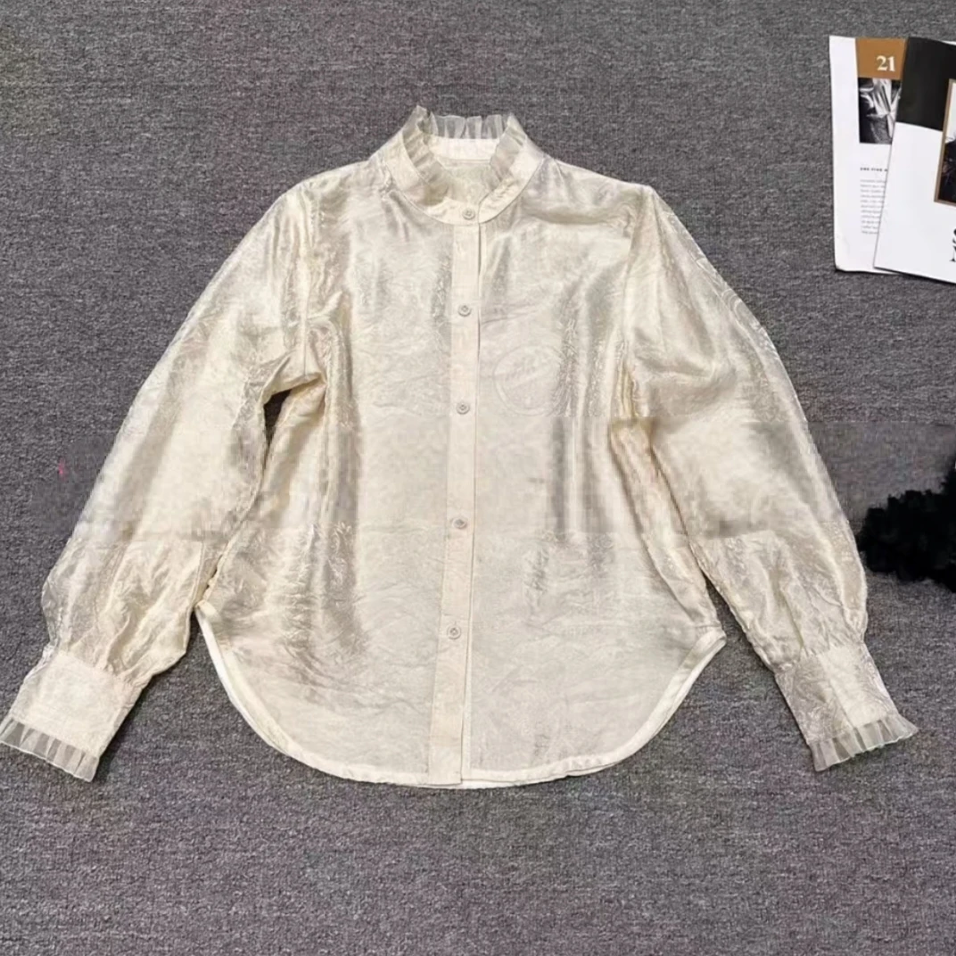 秋季新款琉璃锻轻奢精致褶皱花边立领长袖衬衫提花白色上衣衬衣