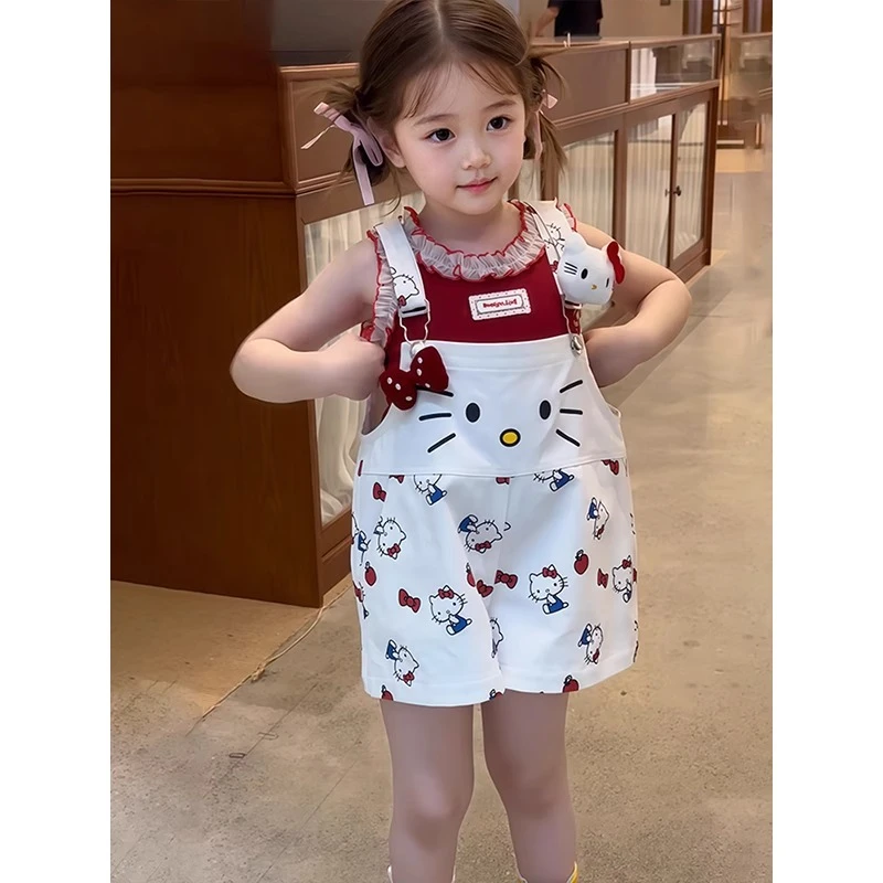 女童夏季套装2025新款儿童洋气HelloKitty背带裤小女孩两件套夏装