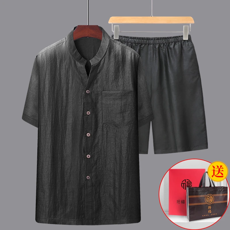 夏季男士高端真丝中老年香云纱休闲套装桑蚕丝送礼衬衫爸爸装套装