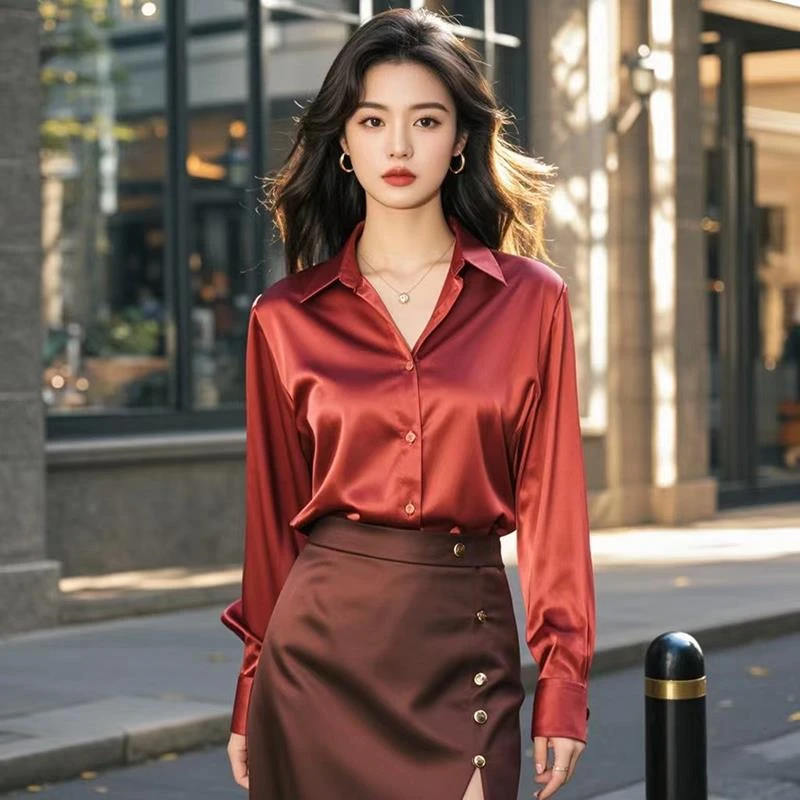 【JRXR女装】春秋新款时尚洋气高端醋酸缎面衬衫女长袖优雅通勤气