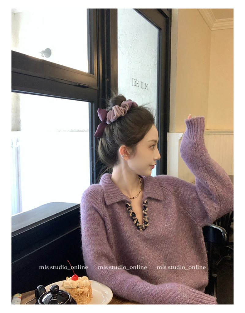 翻领小V轻熟风气质毛衣女2025秋季新款韩系宽松INS风软糯针织衫