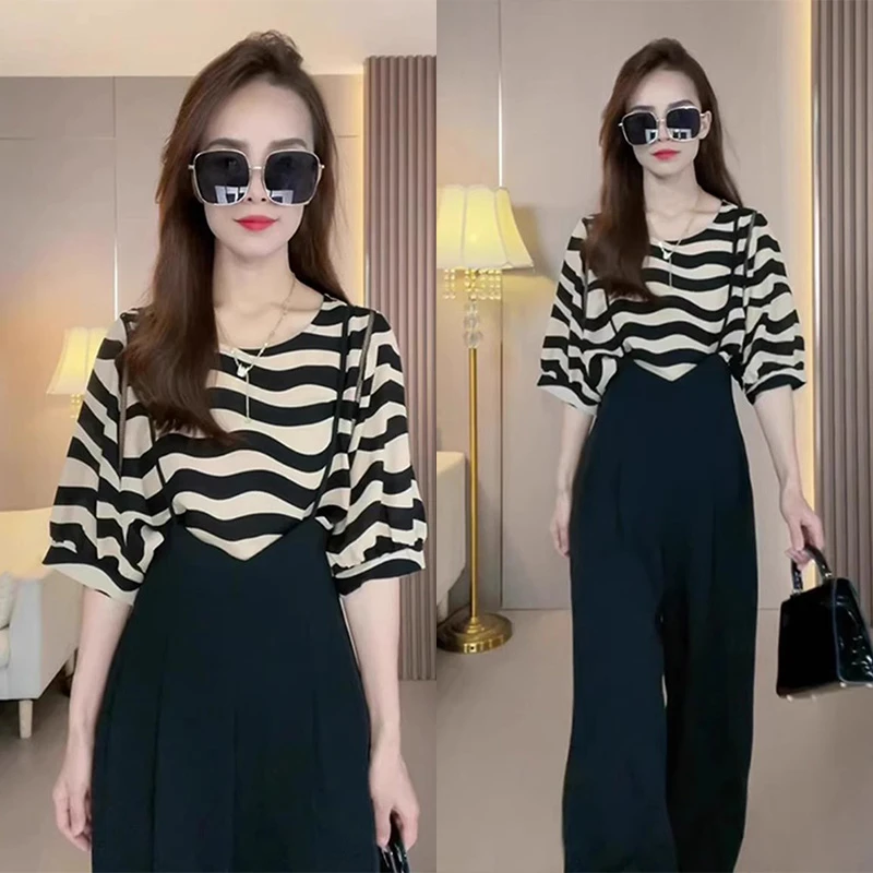 香朵儿轻熟风撞色条纹上衣休闲裤套装2025夏季新款时尚洋气衣服女