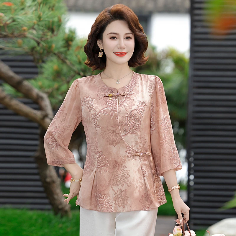 高端精致时尚复古国风印花衬衣T恤女2025夏季新款洋气减龄显瘦