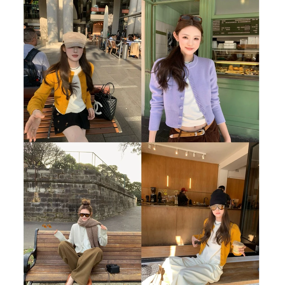 【琥珀流光】针织开衫圆领纽扣长袖显白两色毛衣AY1929