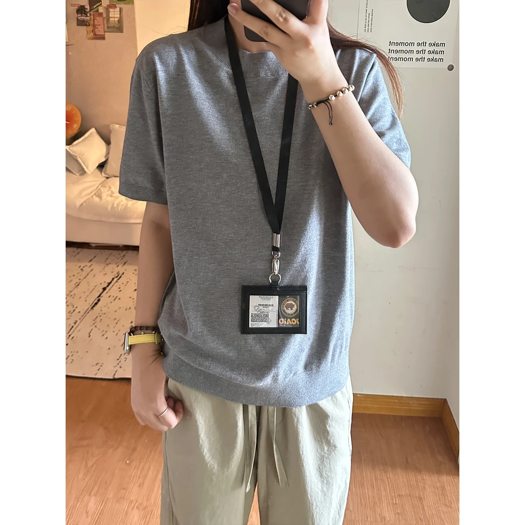 老钱风冰丝针织短袖男款夏季螺纹凉感T恤高级感弹力纯色情侣半袖