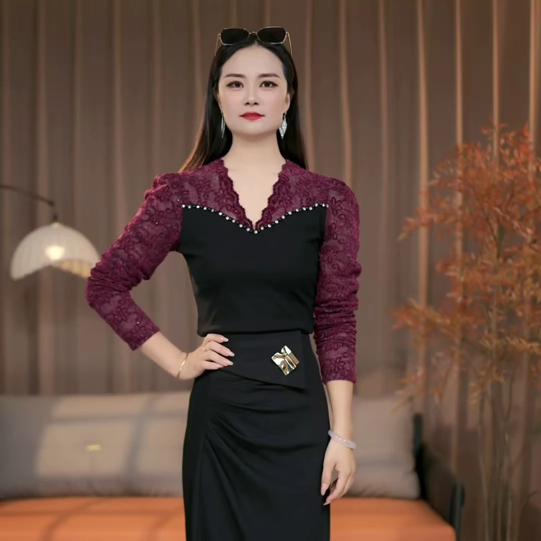 气质拼接女常规款V领蕾丝宴会耐磨优雅T恤长袖长款显瘦网红时尚
