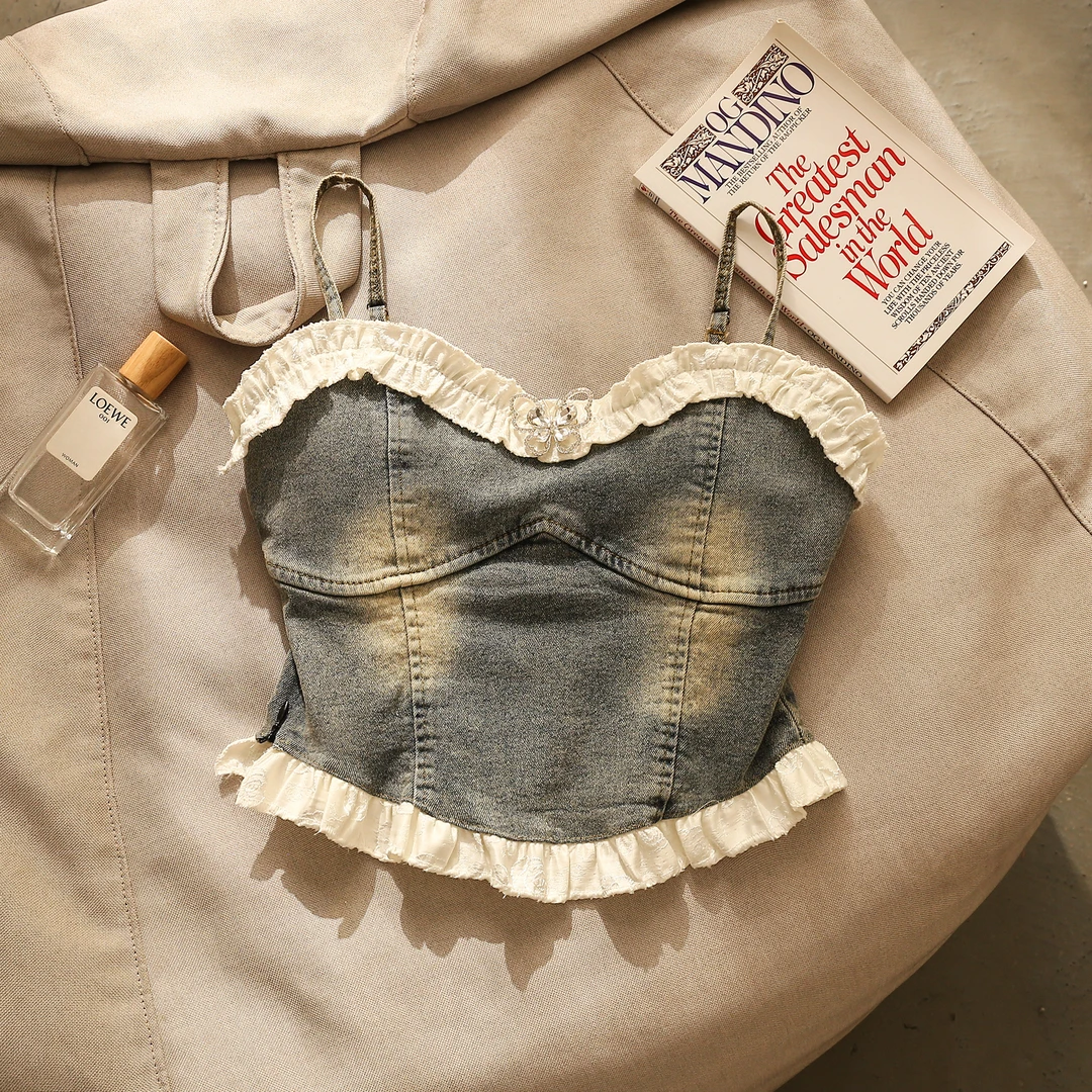 复古甜辣妹牛仔拼接蕾丝吊带背心女夏高级感修身内搭美背无袖上衣