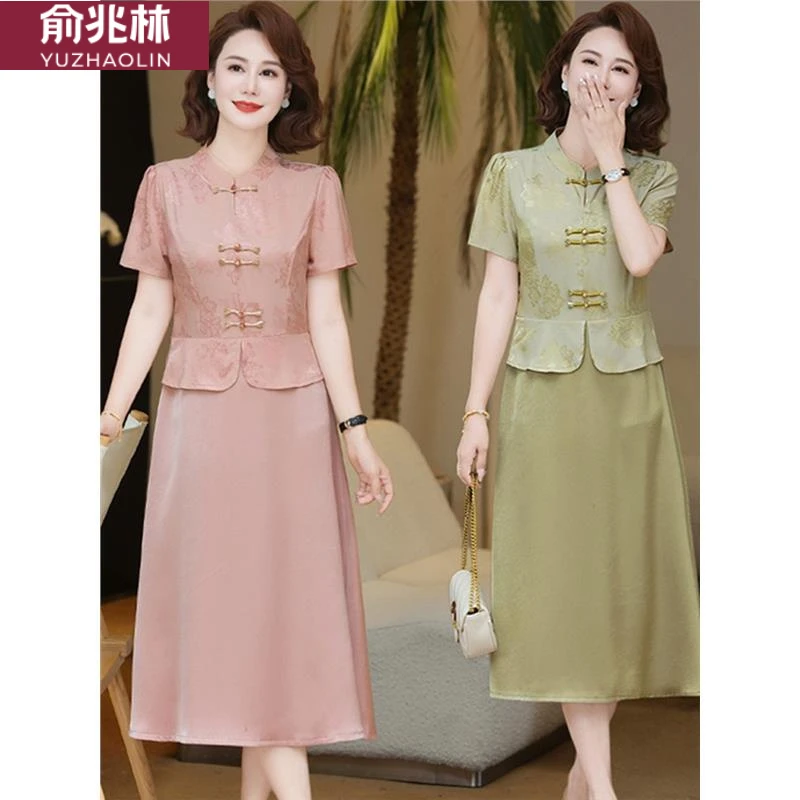 俞兆林新款妈妈新中式短袖夏季连衣裙时尚中老年女士假两件气质国