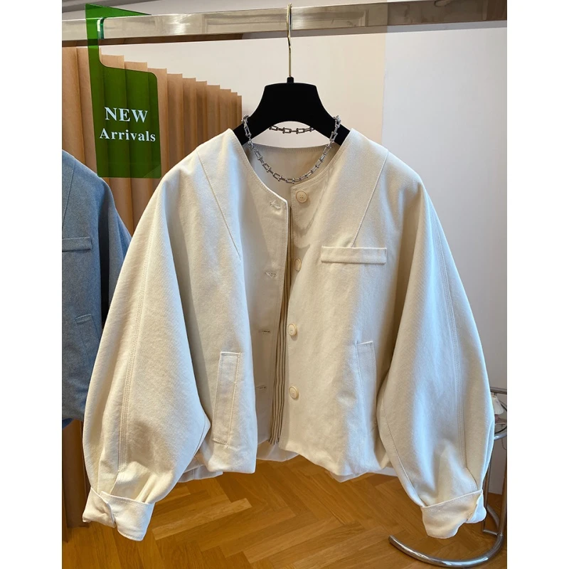 6105韩国高级感无领外套女早春新款宽松休闲百搭简约短款夹克上衣