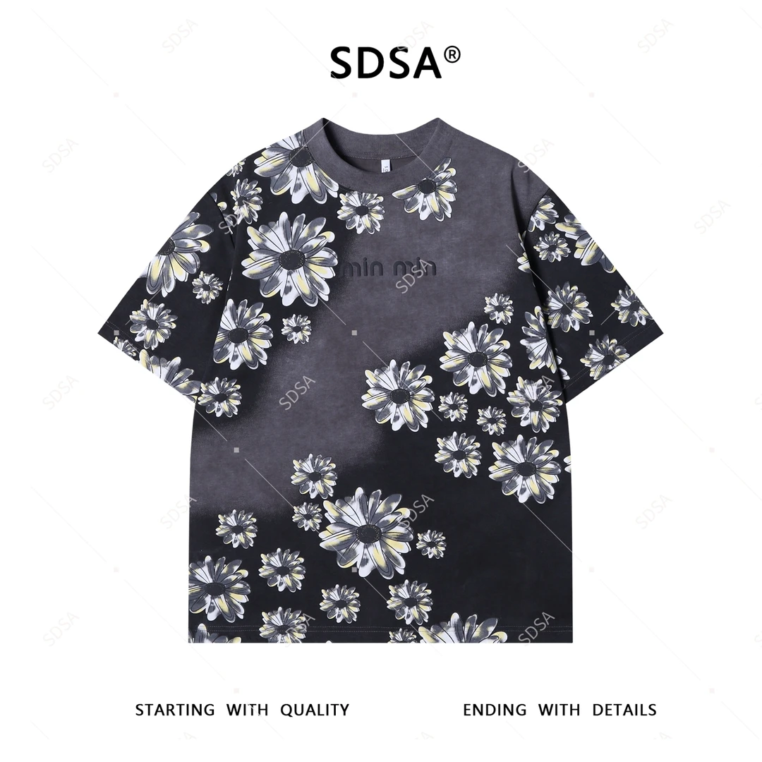 SDSA男士短袖t恤2025新款轻痞帅男装撞色花卉印花满天星圆领上衣