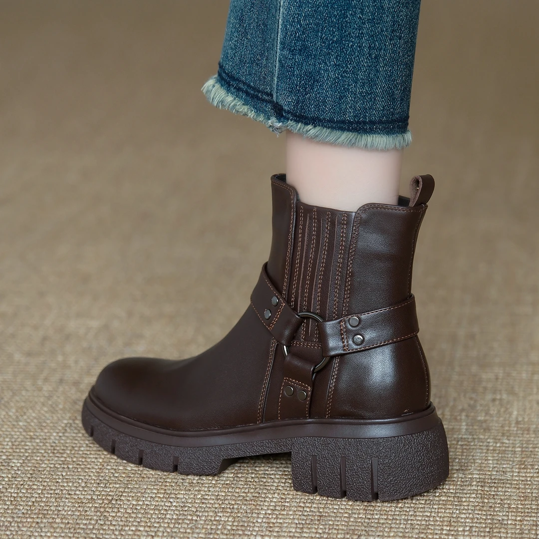 MENEER-M2025新款真皮圆头粗跟短靴女及踝靴侧拉链扣带厚底马丁靴