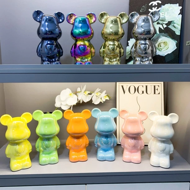 28CM网红熊潮玩陶瓷电镀玄关卧室客厅高档摆件轻奢摆设可爱风格