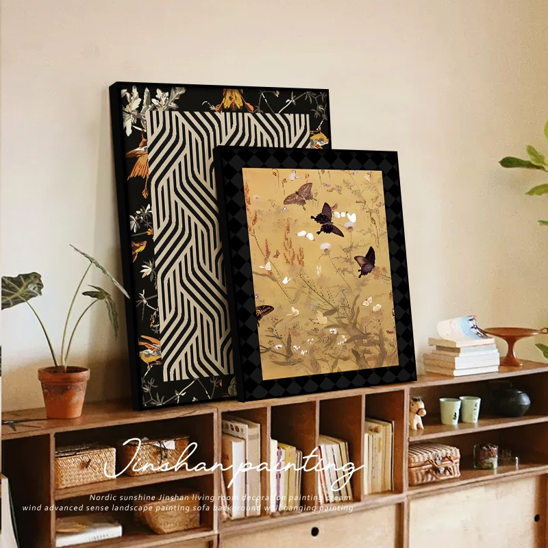 新中式客厅装饰画沙发背景墙艺术挂画中古风书房茶室花鸟壁画复古