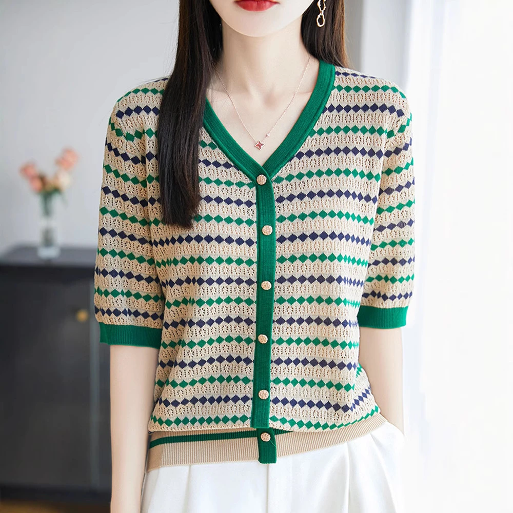 【将军工厂店】25年夏季新款V领气质时尚复古百搭洋气上衣