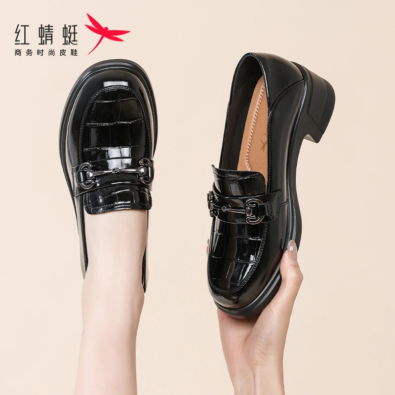 红蜻蜓女鞋漆皮亮面一脚蹬小皮鞋高跟厚底乐福鞋女款秋季新款真皮