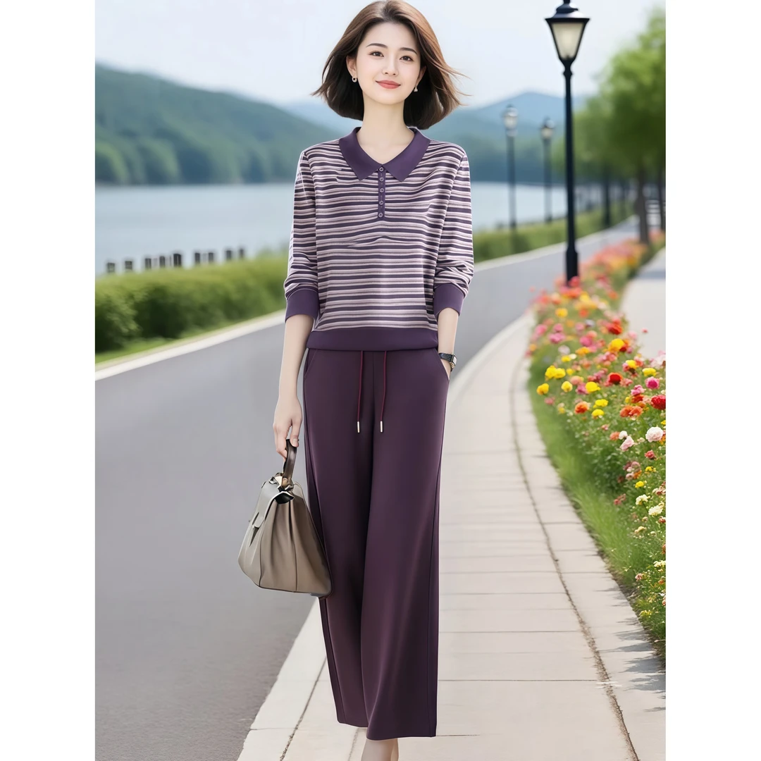 HH#【单/套装】时尚翻领条纹针织衫女搭松紧腰直筒裤两件套DY14911