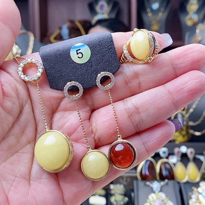 琥珀颈饰银S925镶嵌套装