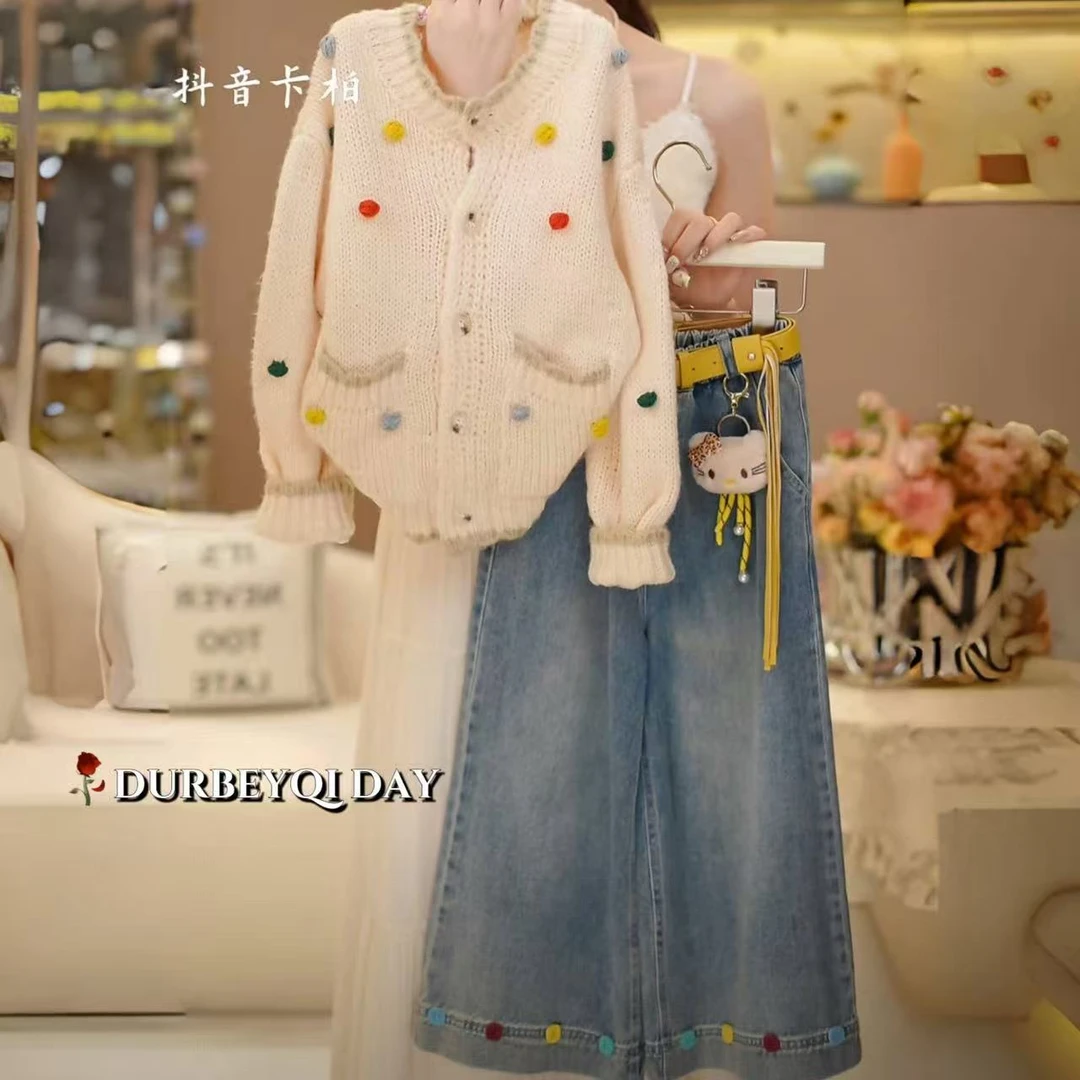 DURBEYQI/朵贝奇女童2025秋季新款单排扣针织开衫牛仔裤套装5592